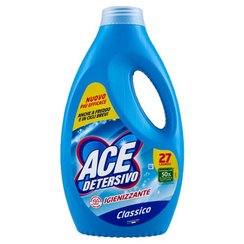 Ace Lavatrice Igienizzante Classico 1350 ml – 27 Lavaggi – Detersivo per lavatrice classico della linea Ace. Rimuove lo sporco in profondità, delicato sui capi, efficace anche a basse temperature.